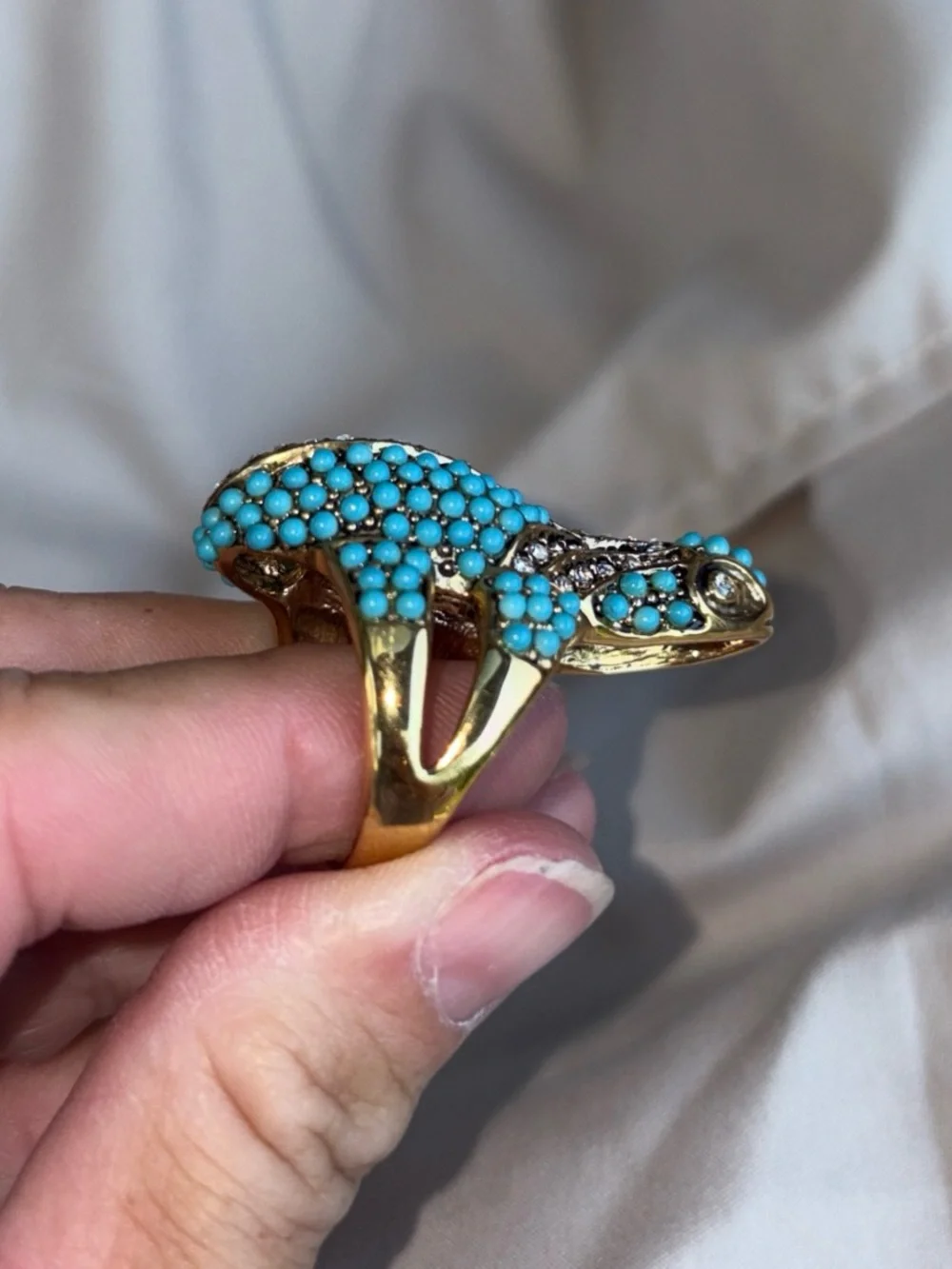 Kenneth Lane RETIRED Turquoise Crystal Lizard cocktail Ring - Blue Gold-Tone